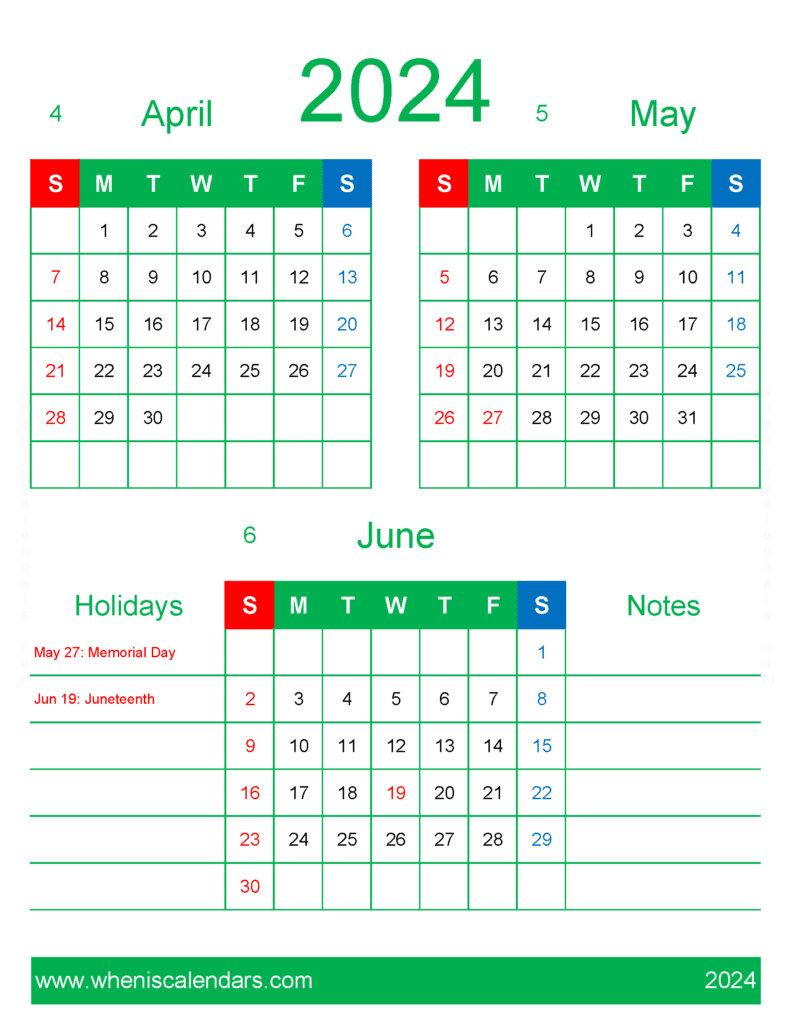 Download 2024 April May June Calendar free AMJ449