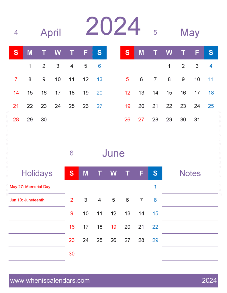 Download April through June 2024 Calendar AMJ455