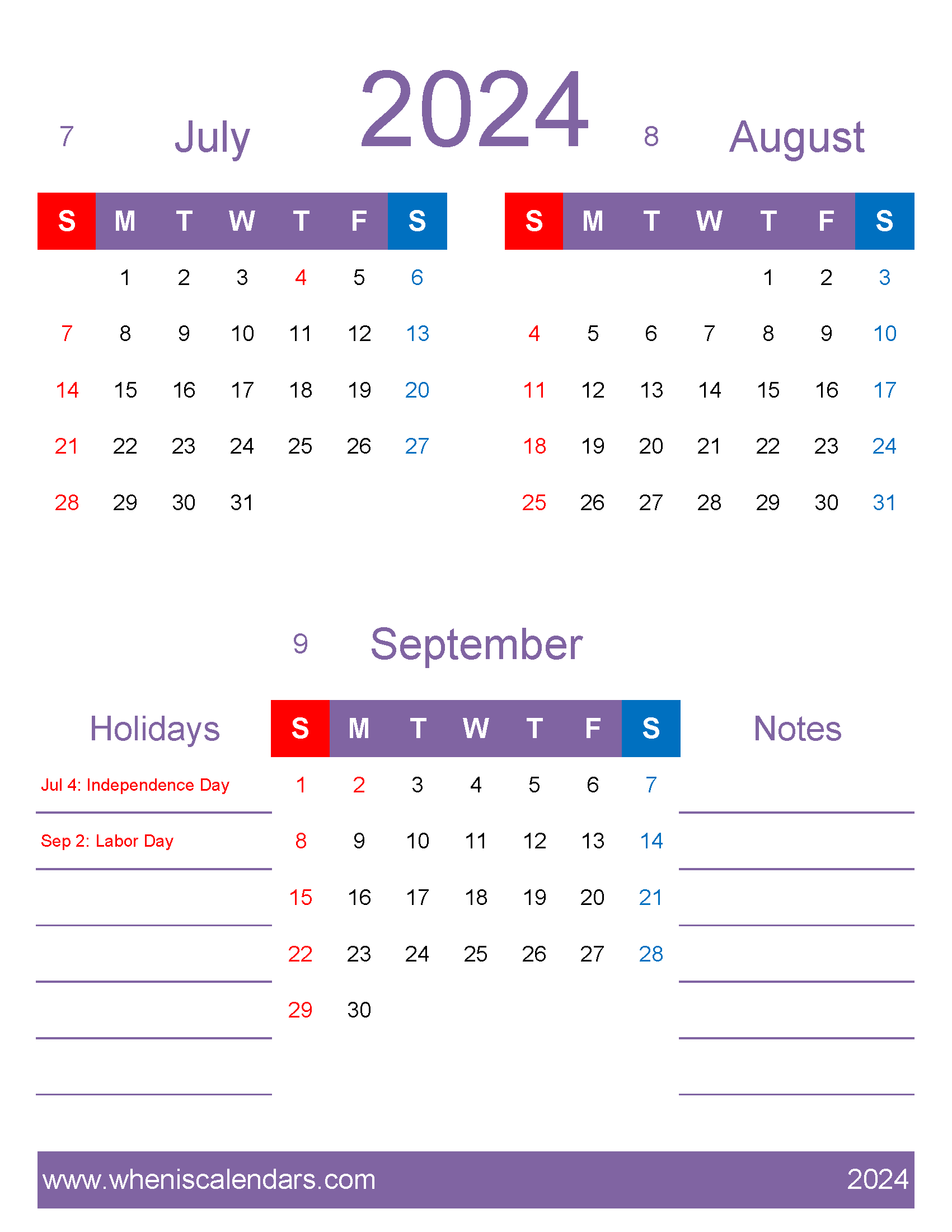 Download July through September 2024 calendar JAS455