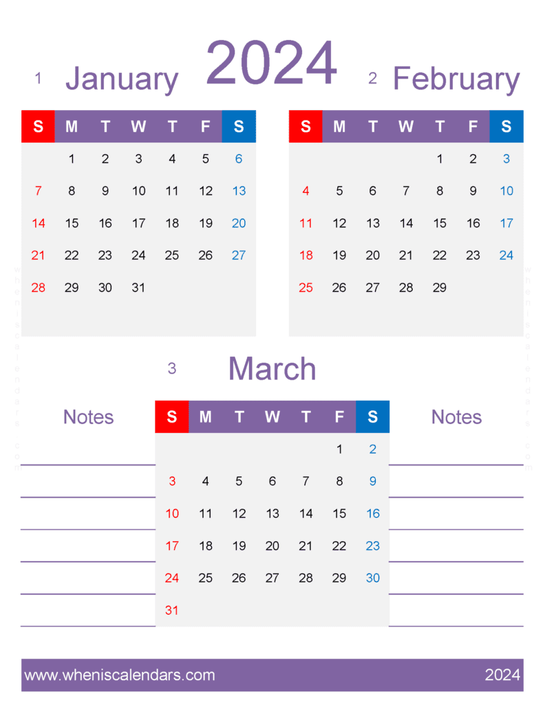 Download calendar January to March 2024 free JFM476