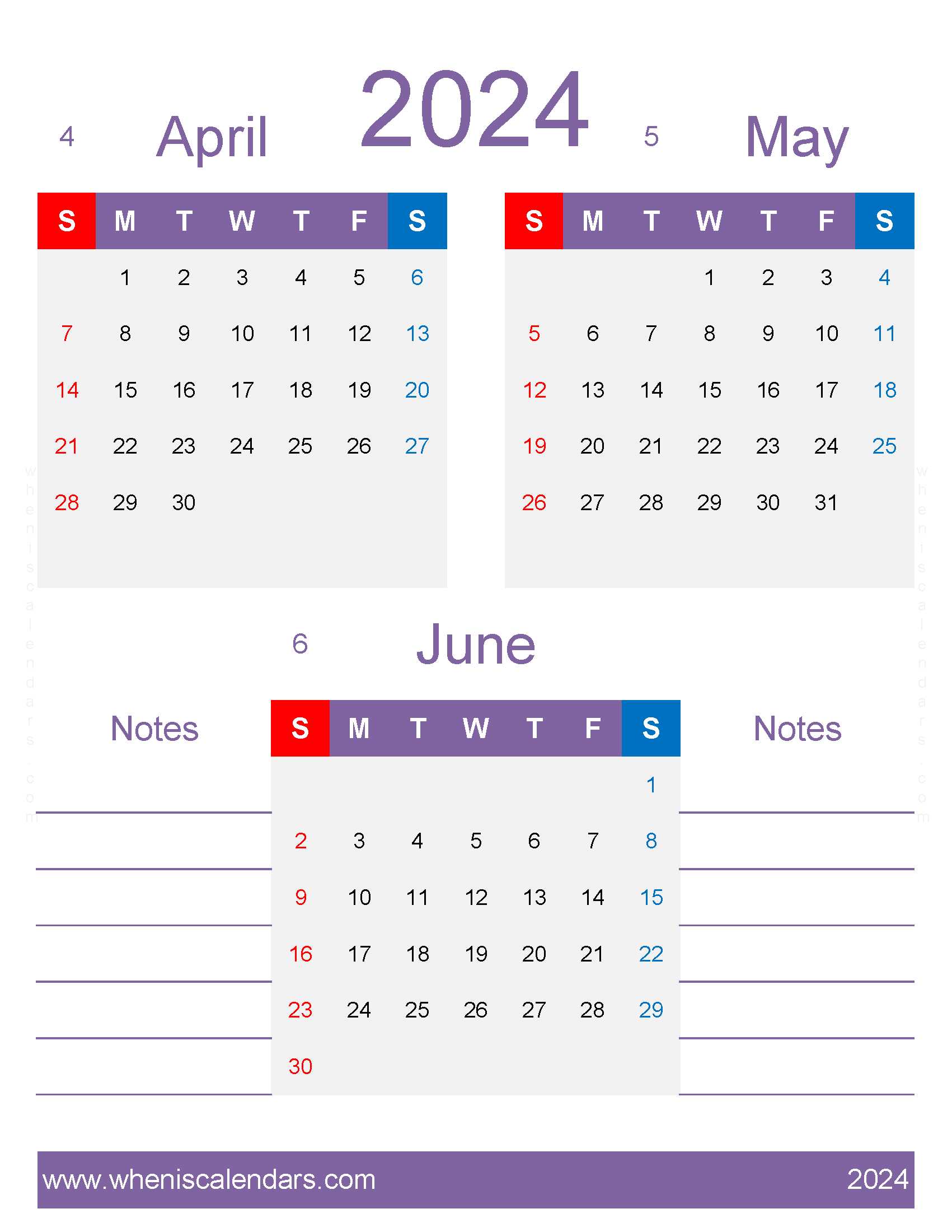 Download Calendar April to June 2024 free AMJ476