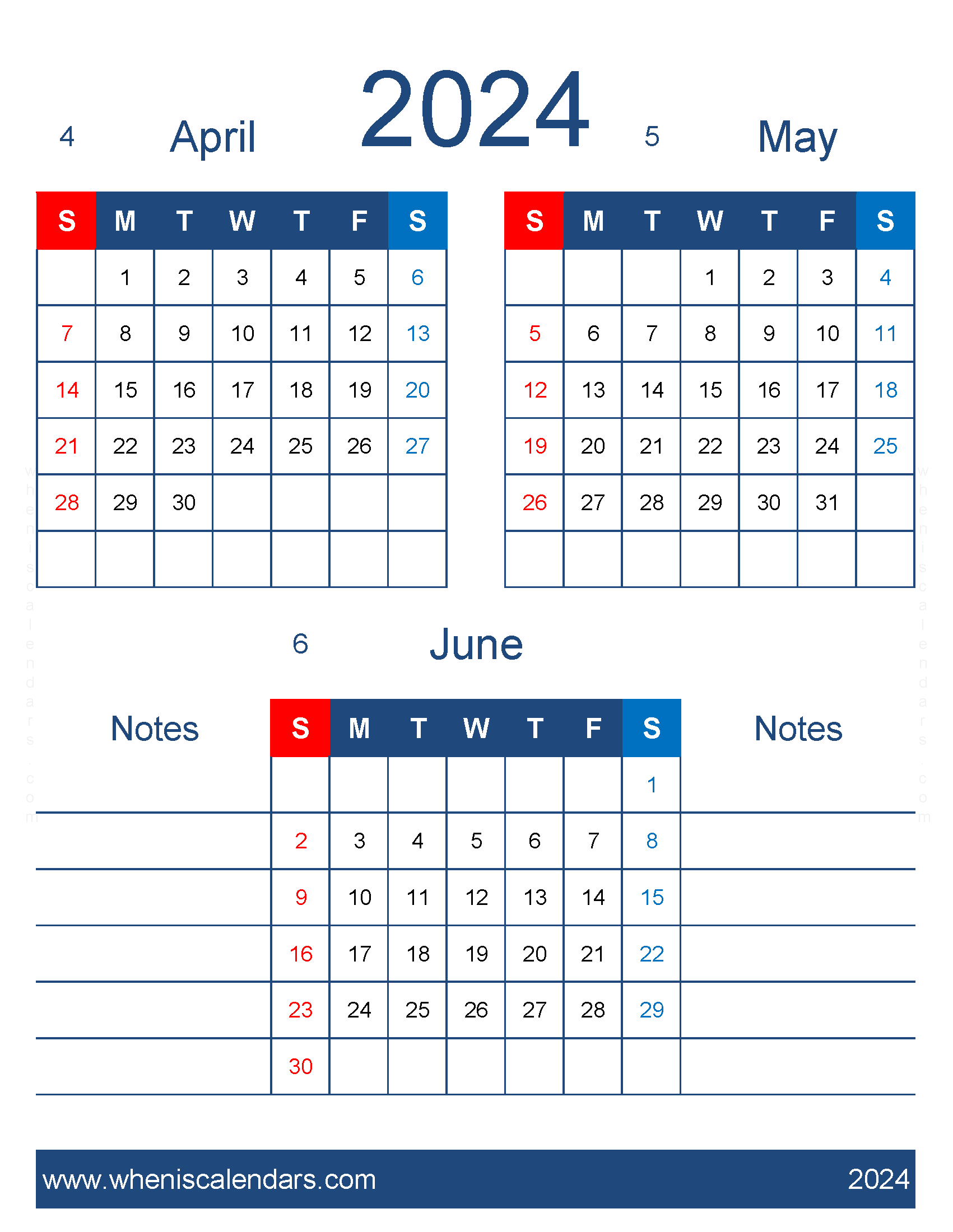 Download April May and June 2024 Calendar free AMJ477