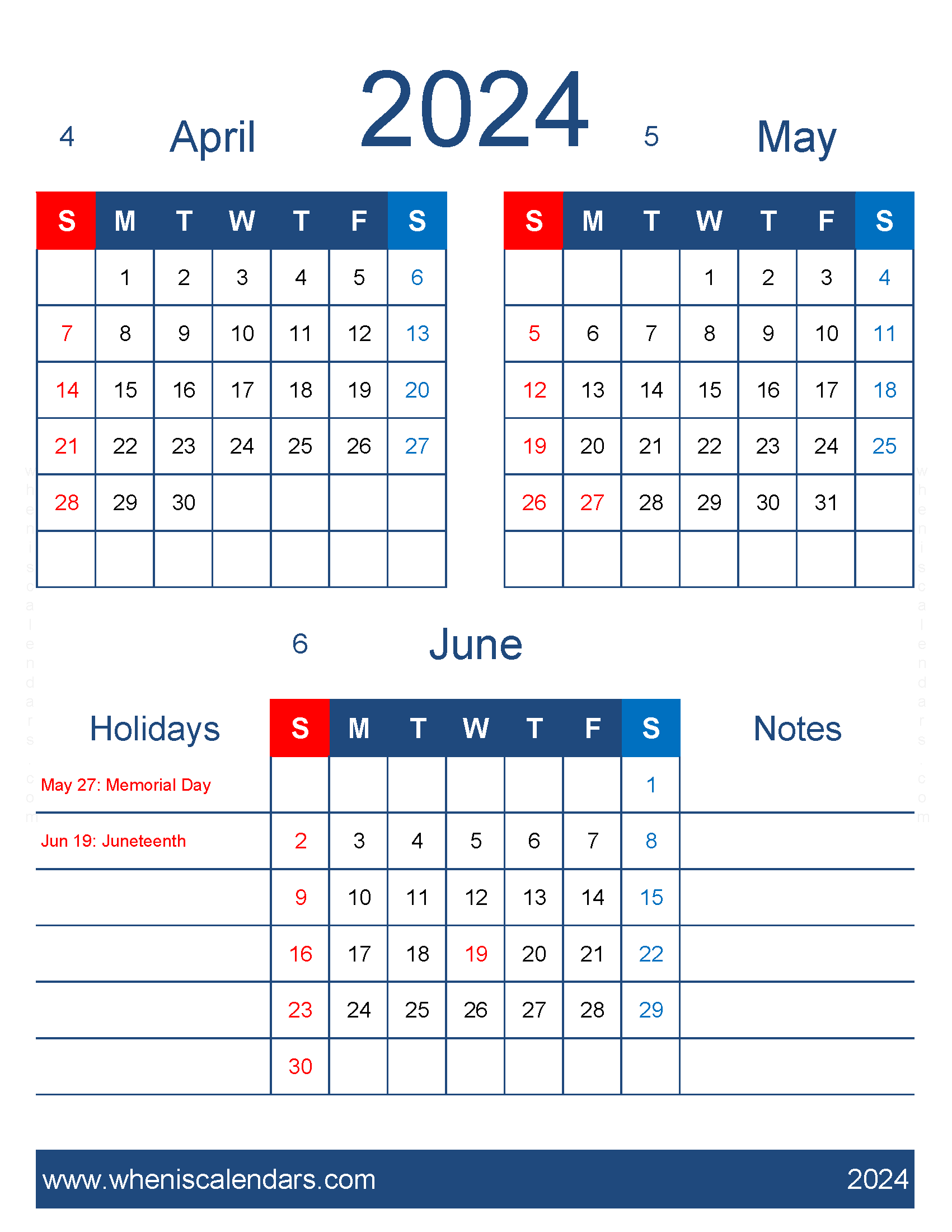Download printable Calendar April May June 2024 AMJ457