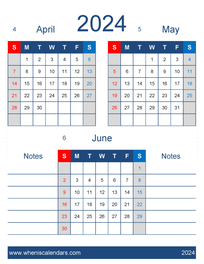 Download printable Calendar April May June 2024 AMJ478
