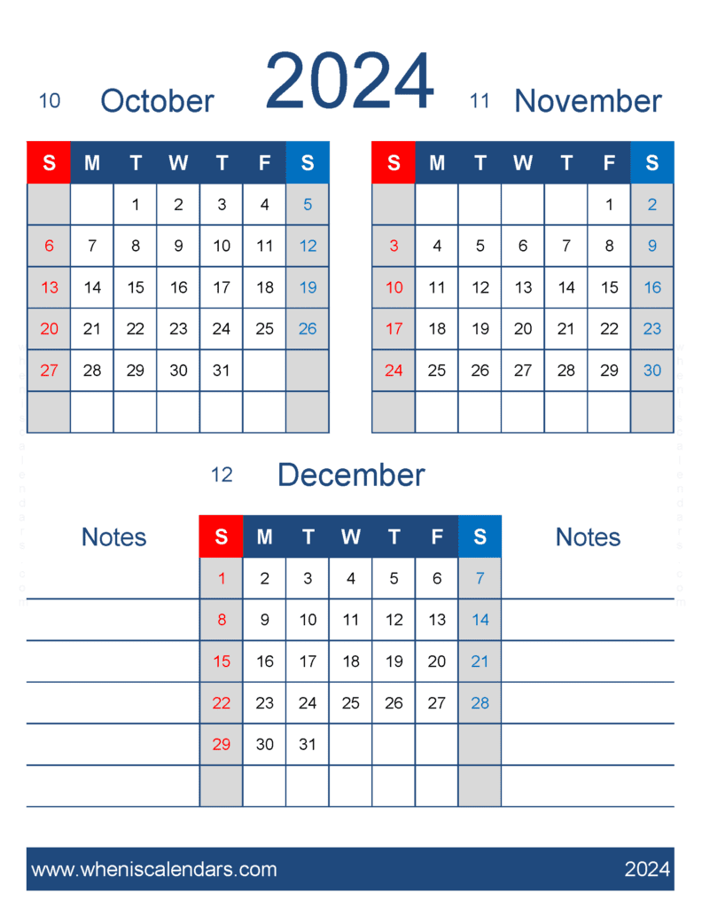 Download printable calendar October November December 2024 OND478
