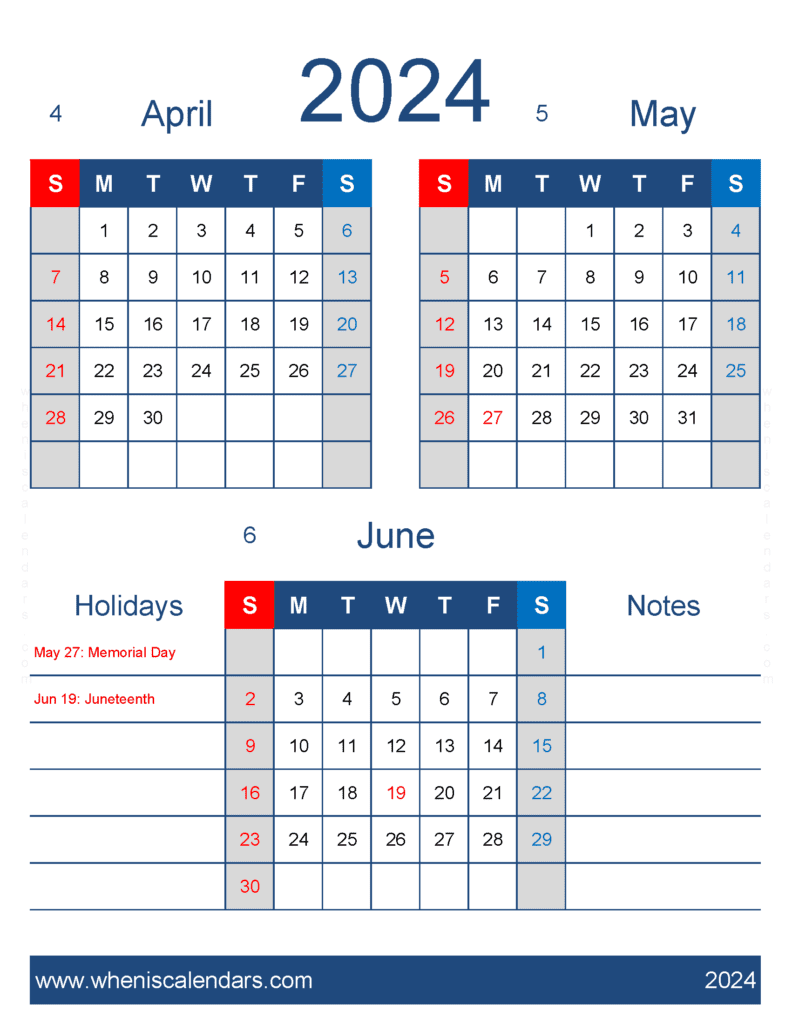 Download Calendar for April May and June 2024 AMJ458