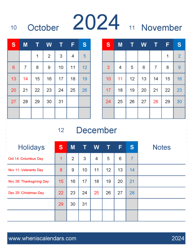 Download calendar for October November and December 2024 OND458