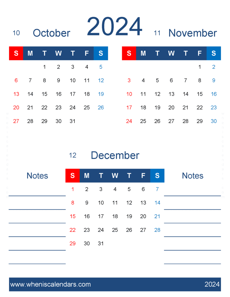 Download free calendar October November December 2024 OND479