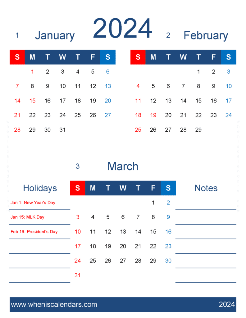 Download calendar January to March 2024 JFM459