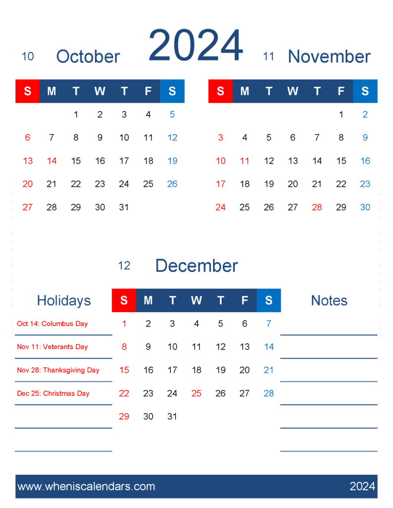 Download calendar October to December 2024 OND459