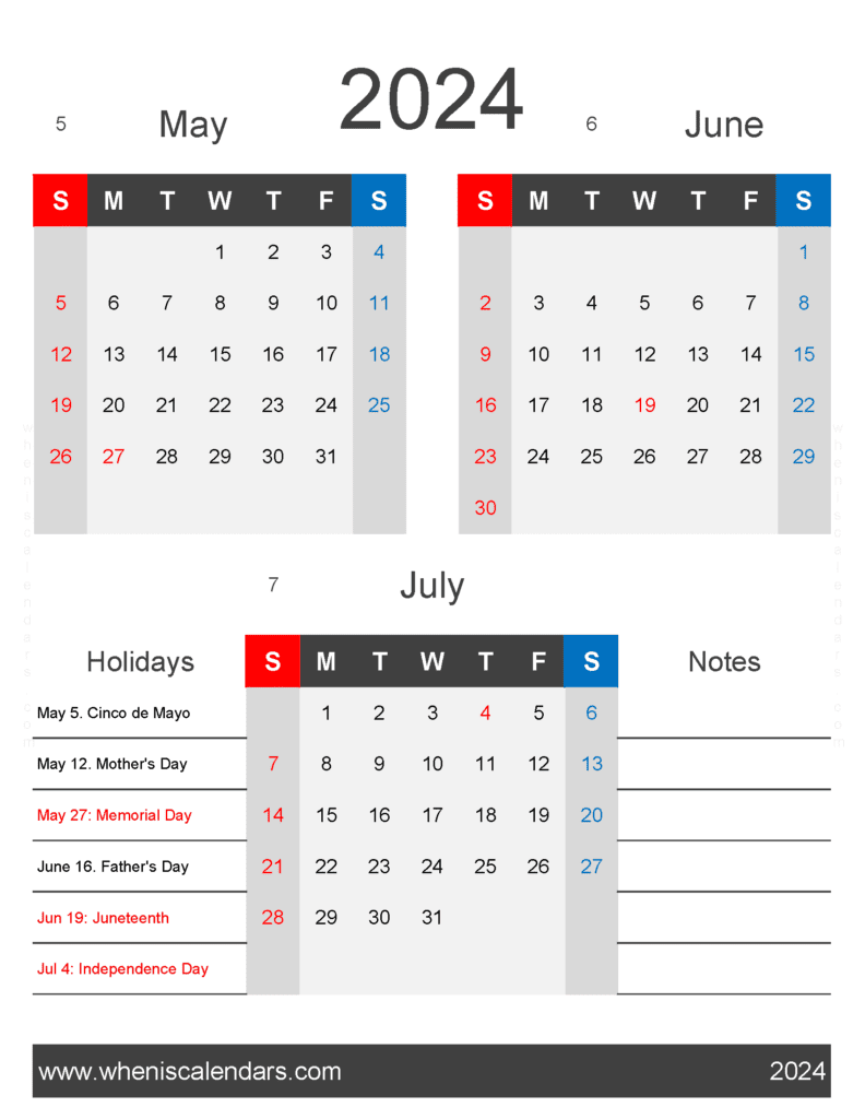 Download May June and July 2024 Calendar MJJ444
