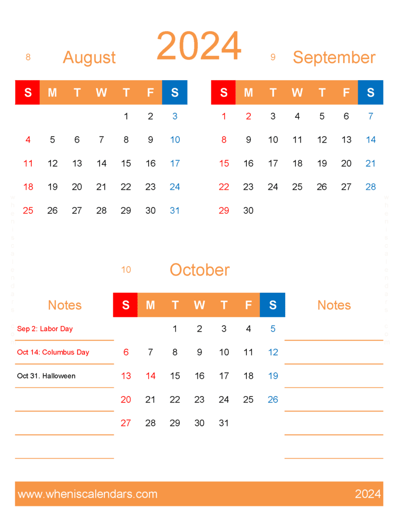 Download Aug Sept October 2024 Calendar ASO447