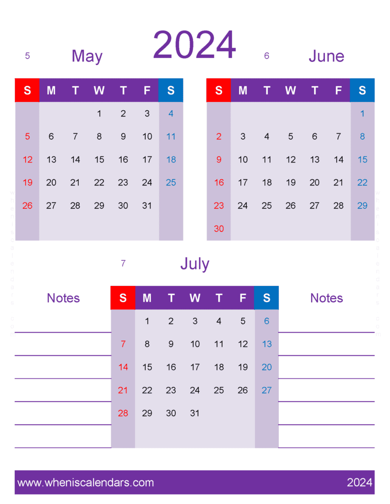 Download Calendar May to July 2024 free MJJ476