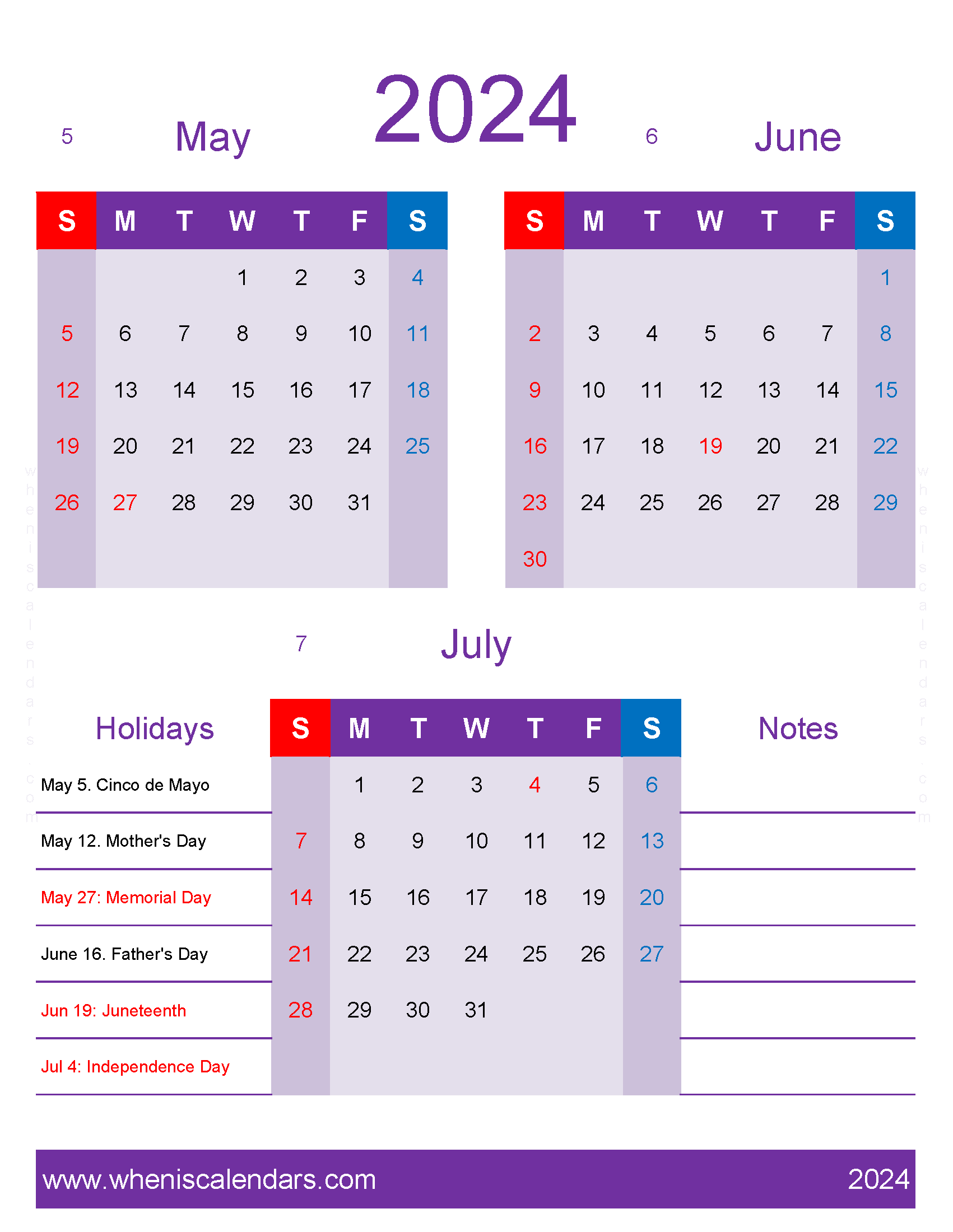 Download free printable Calendar May June July 2024 MJJ456