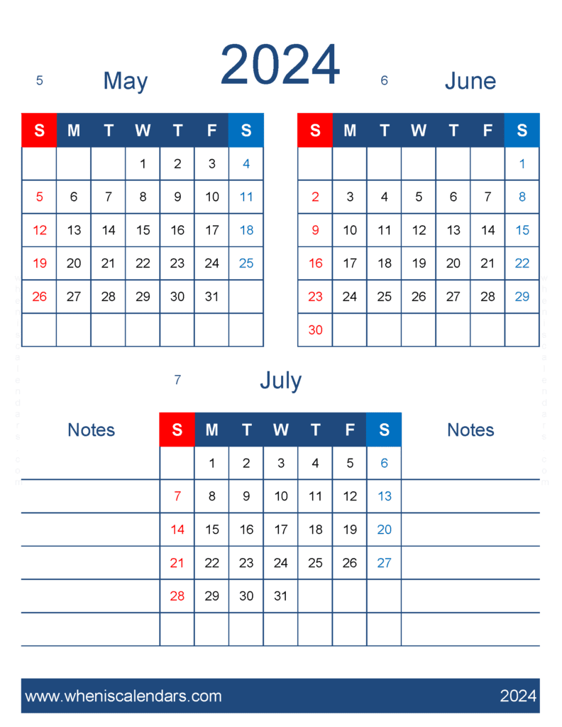 Download May June and July 2024 Calendar free MJJ477
