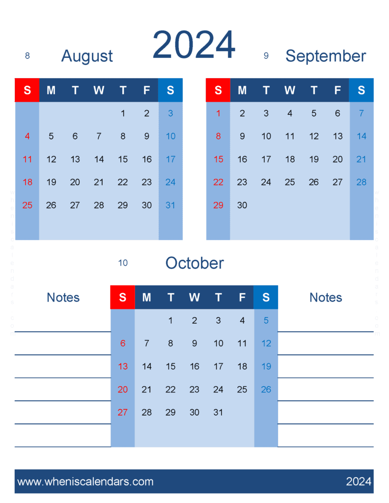 Download free August September October 2024 Calendar ASO480