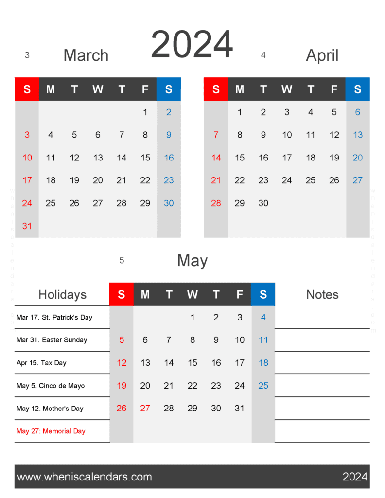 Download March April and May 2024 calendar MAM444