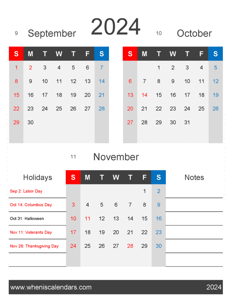 Download September October and November 2024 Calendar SON444