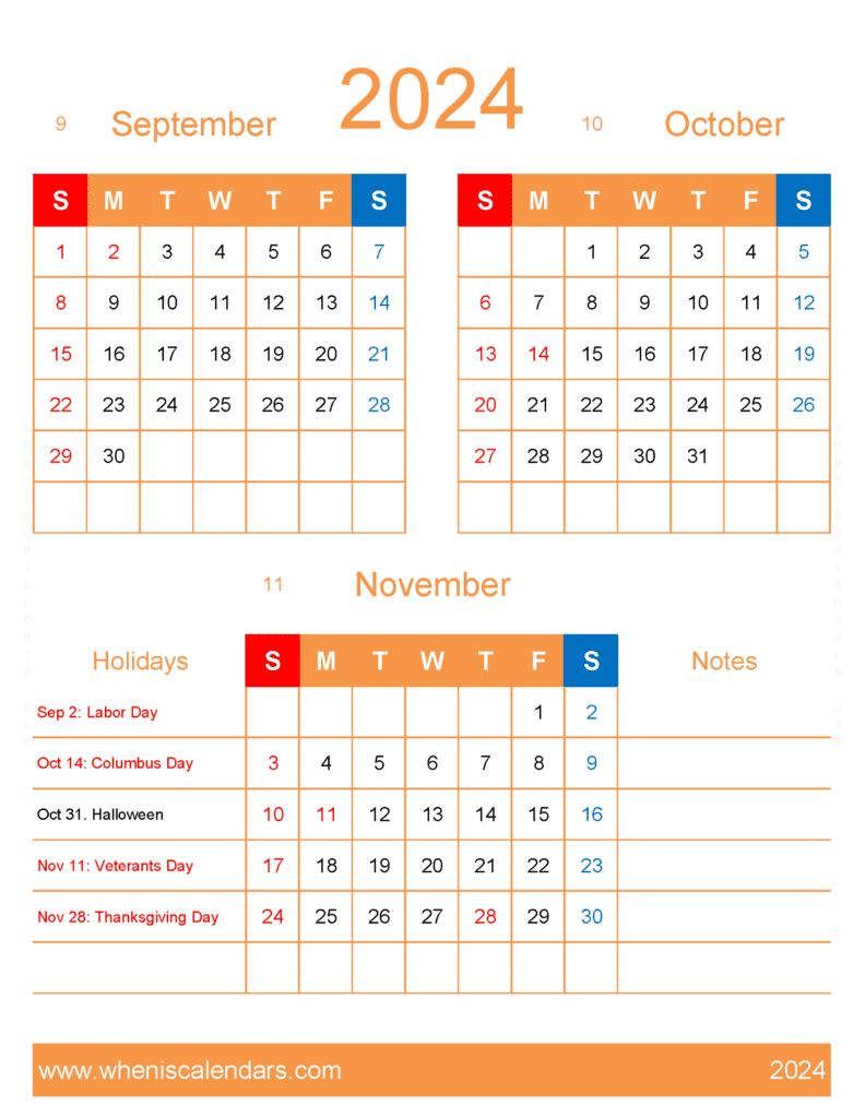Download 2024 September October November Calendar SON445