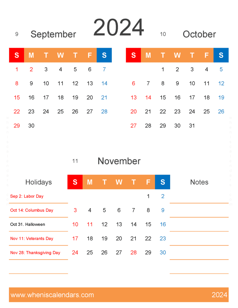 Download Sept Oct November 2024 Calendar SON447