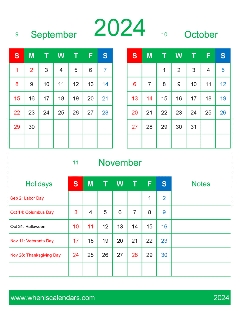Download 2024 September October November Calendar free SON449