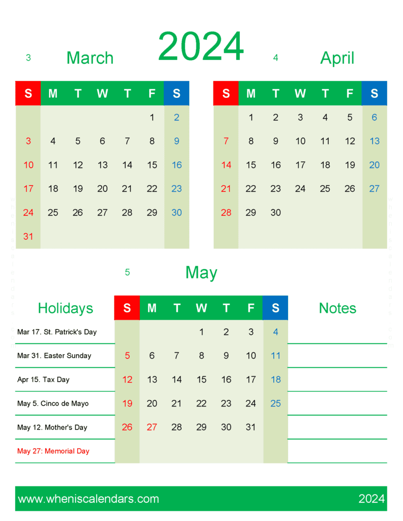 Download calendar March April May 2024 MAM452