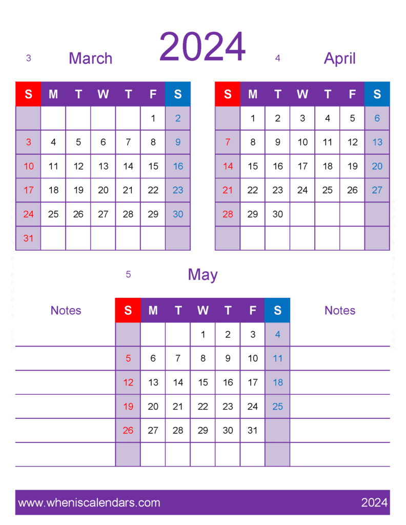 Download March through May calendar 2024 MAM474