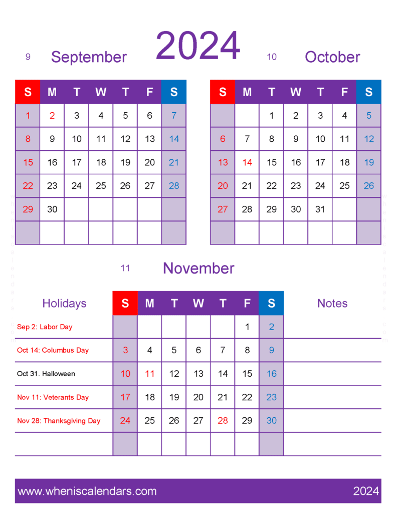 Download Sept Oct November Calendar 2024 SON454