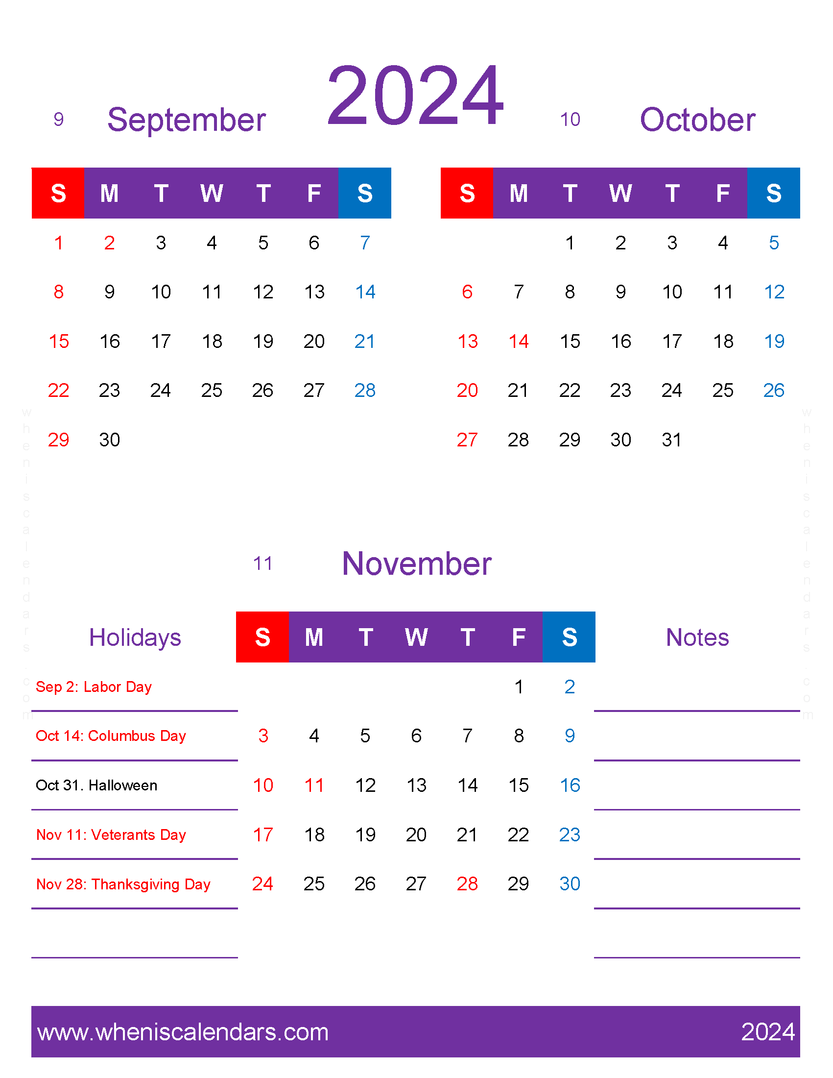 Download September through November 2024 Calendar SON455