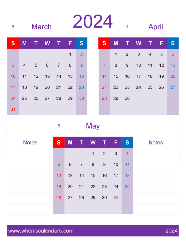 Download calendar March to May 2024 free MAM476