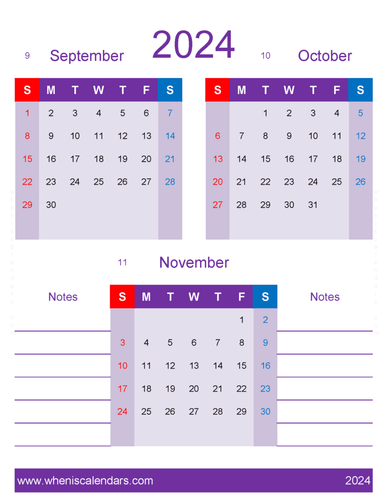 Download Calendar September to November 2024 free SON476
