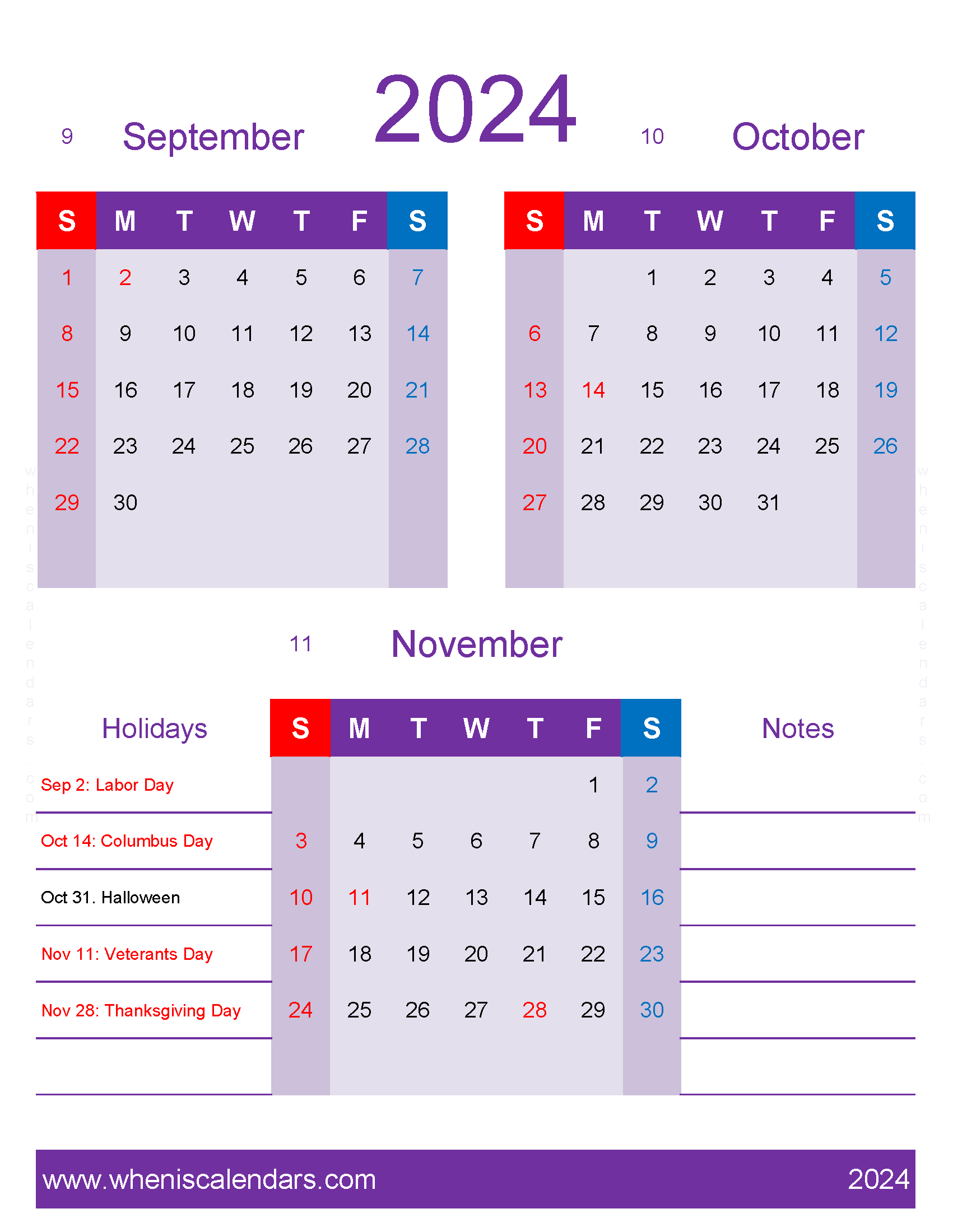 Download free printable Calendar September October November 2024 SON456