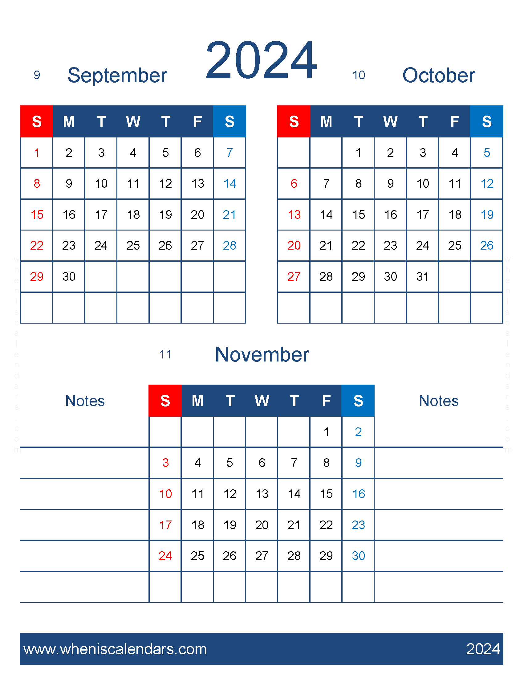 Download September October and November 2024 Calendar free SON477