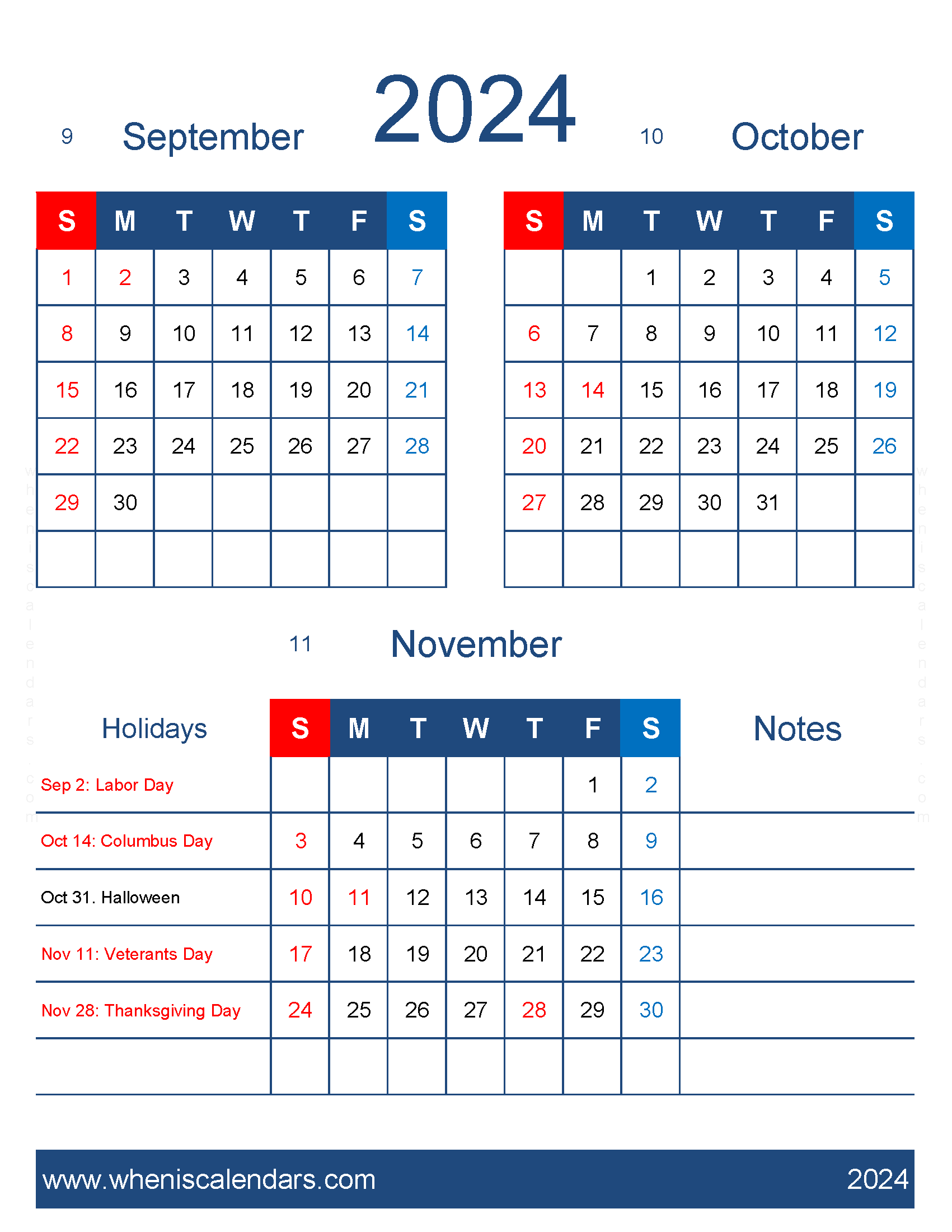 Download printable Calendar September October November 2024 SON457