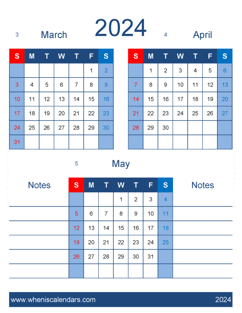 Download printable calendar March April May 2024 MAM478