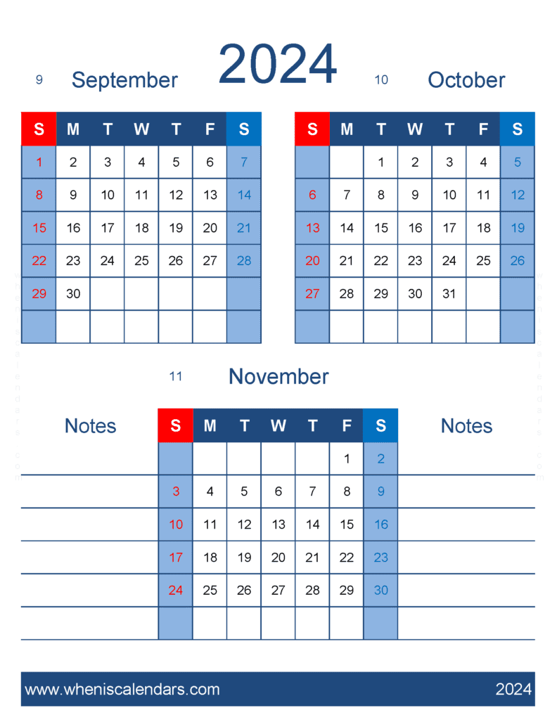 Download printable Calendar September October November 2024 SON478