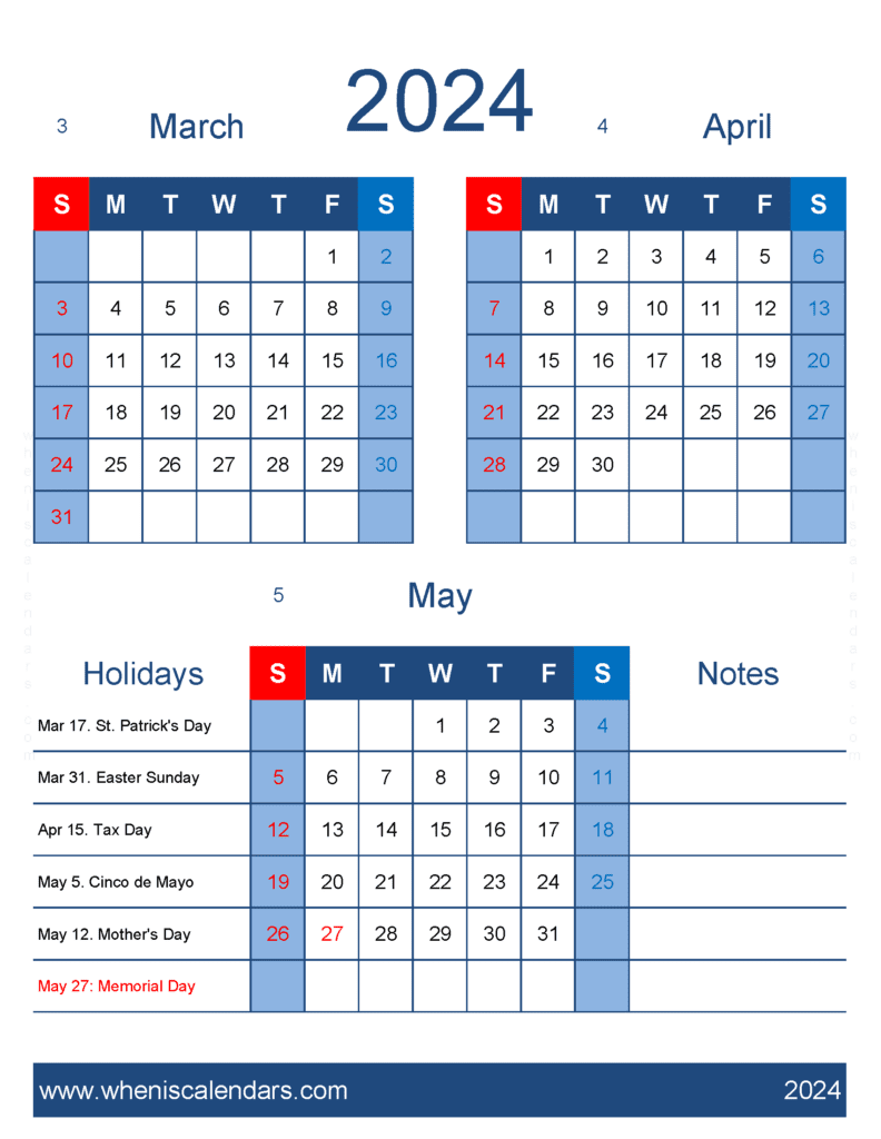 Download calendar for March April and May 2024 MAM458