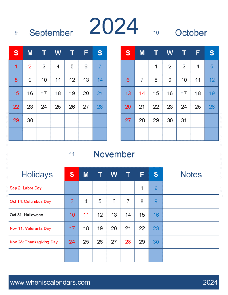 Download Calendar for September October and November 2024 SON458