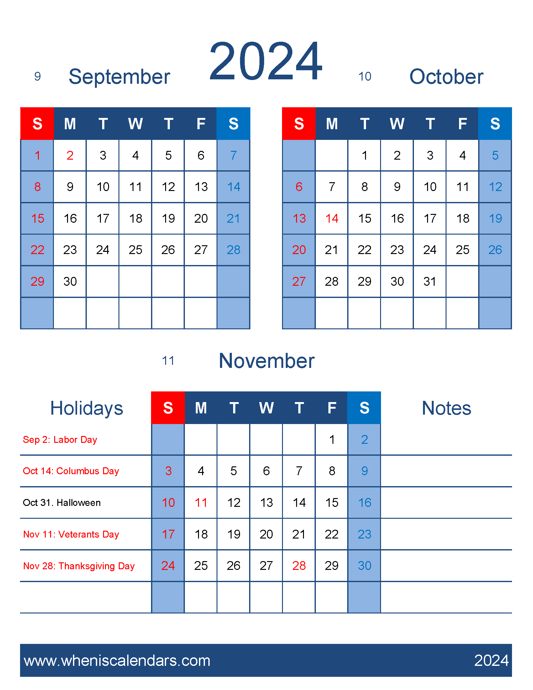 Download Calendar for September October and November 2024 SON458