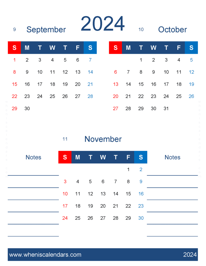 Download free Calendar September October November 2024 SON479