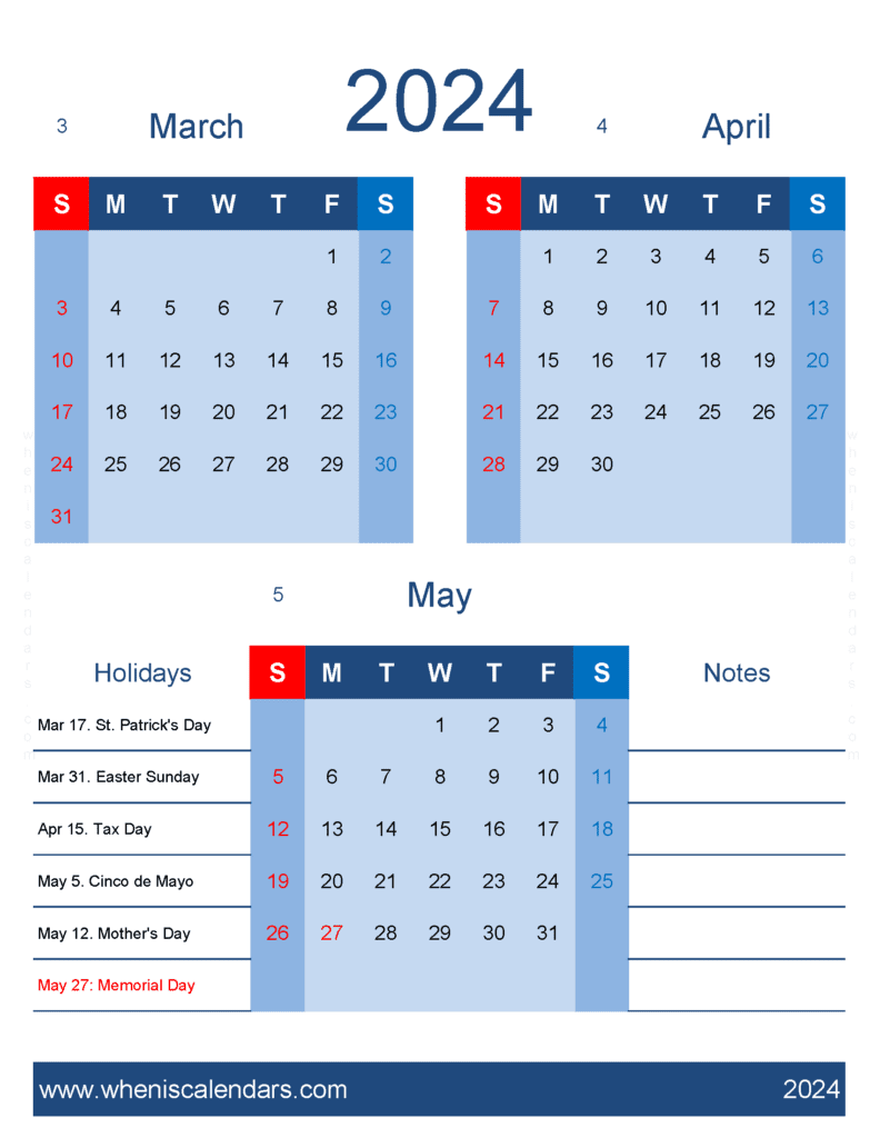 Download calendar March April May MAM460