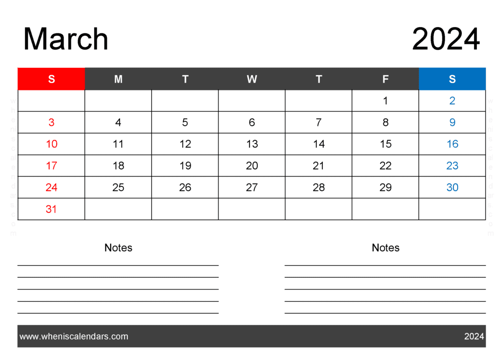 Download 2024 March Calendar Free Printable A4 Horizontal M34201