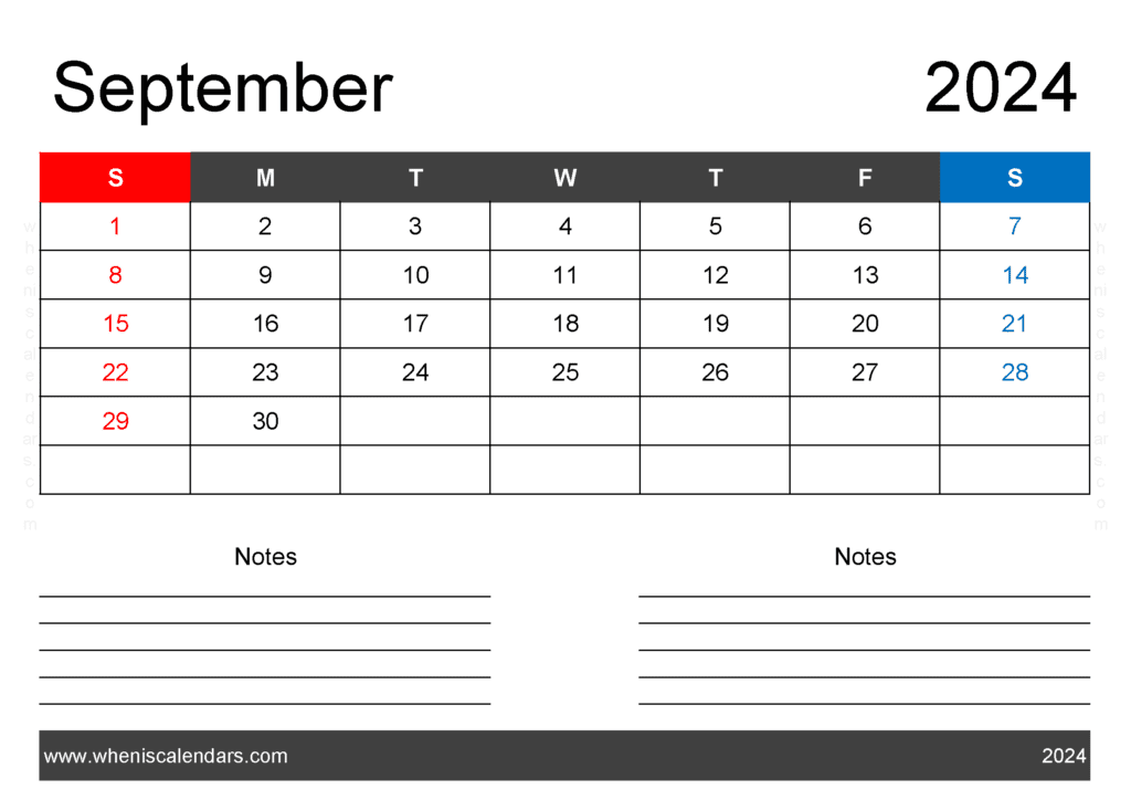 Download free September Calendar 2024 with Holidays printable A4 in Horizontal Landscape