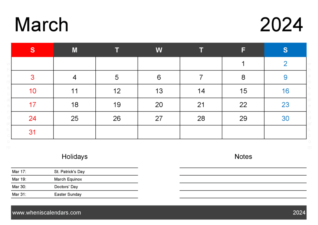Download 2024 Blank March Calendar A4 Horizontal M34401