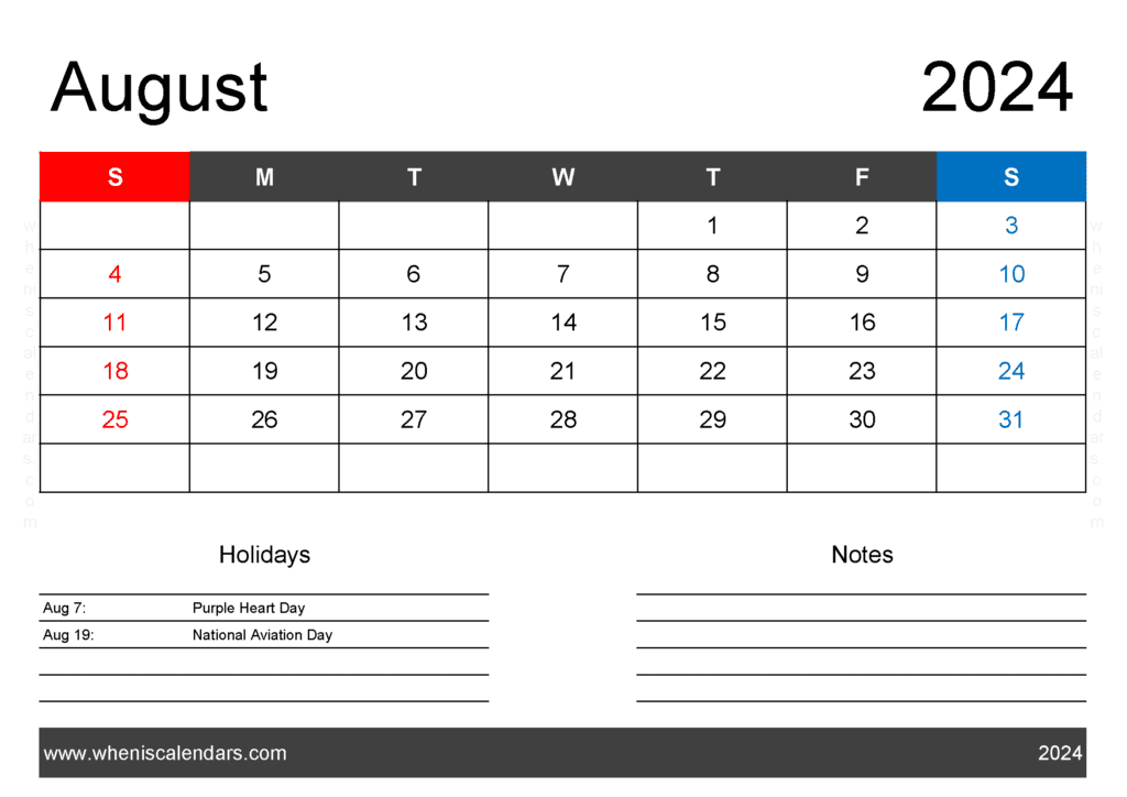 Aug 2024 Holiday Calendar Monthly Calendar