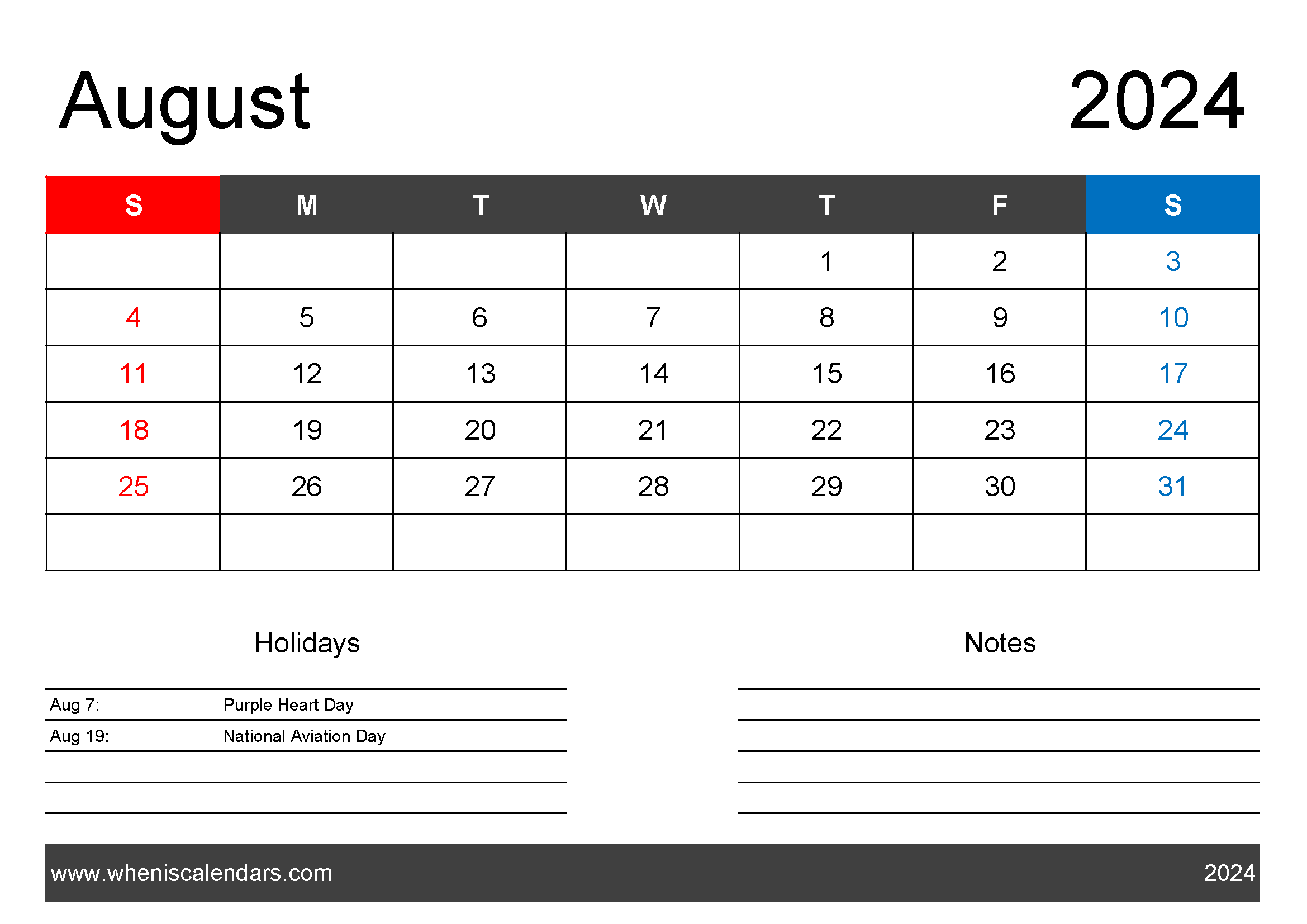 2024 Blank August Calendar Monthly Calendar