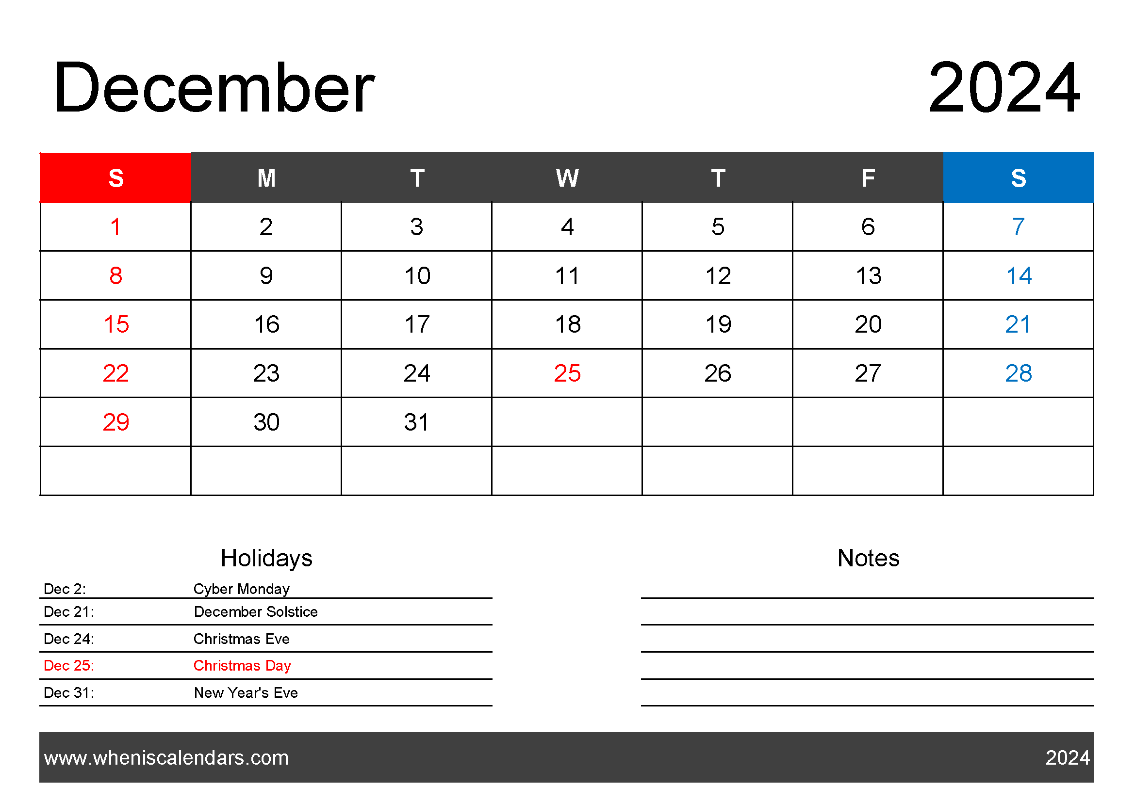 2024 Blank December Calendar Monthly Calendar