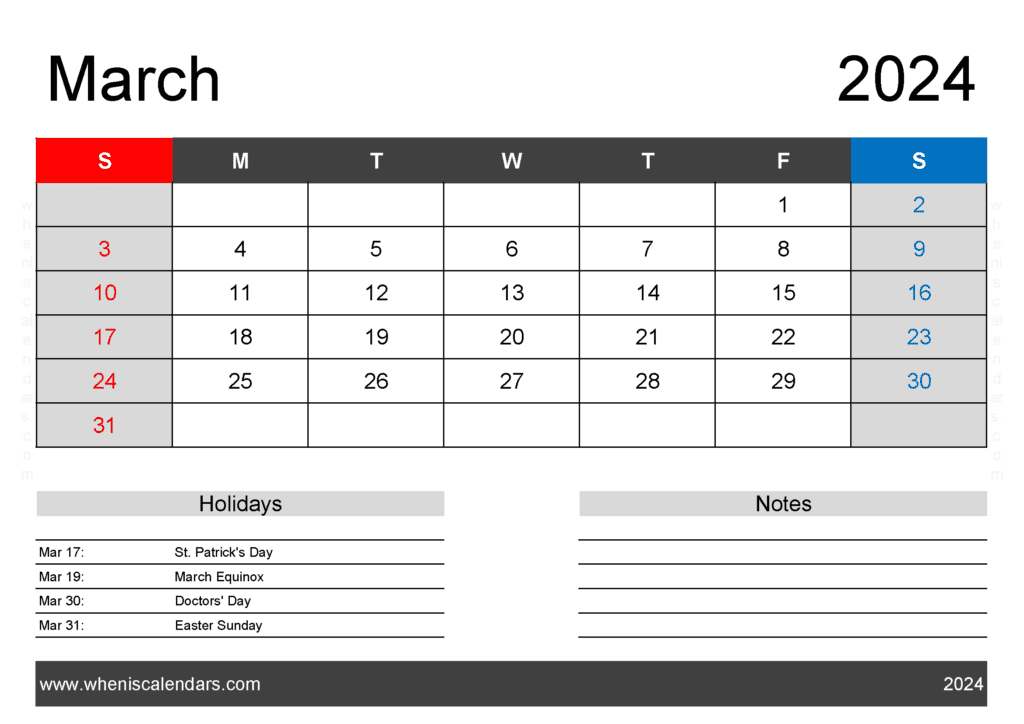 Download Blank Mar 2024 Calendar Printable A4 Horizontal M34402