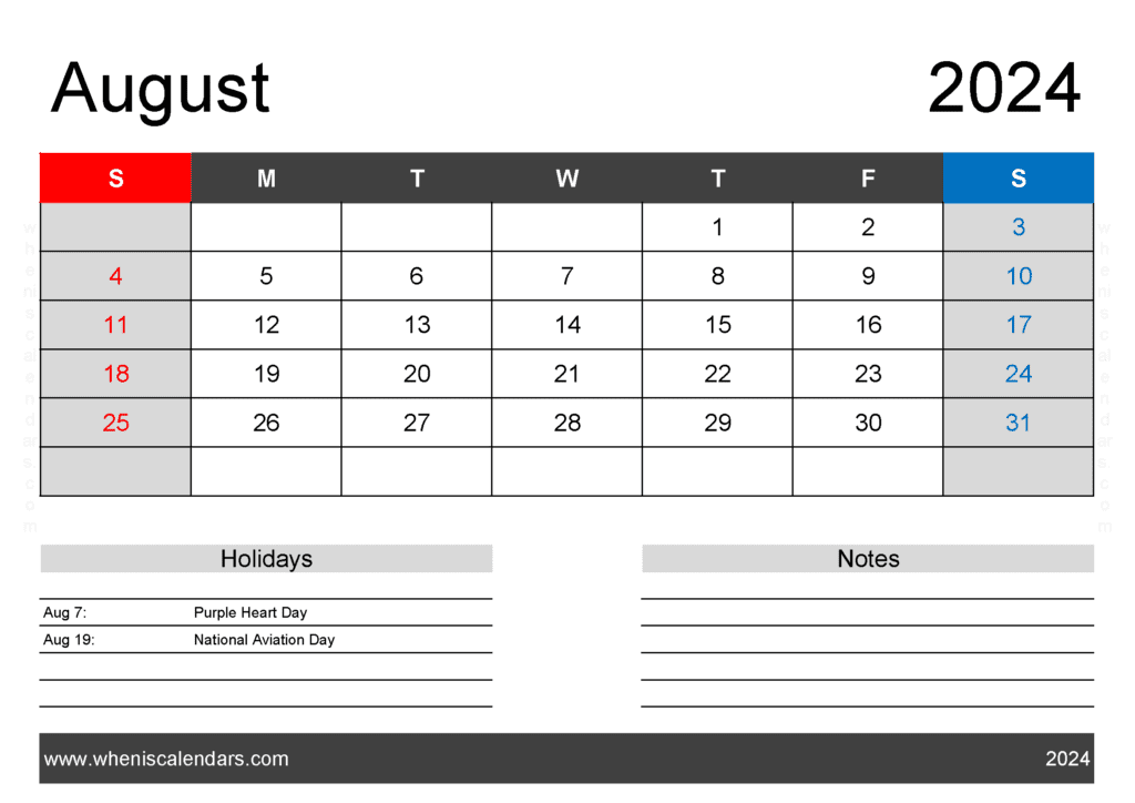 excel August 2024 Calendar Monthly Calendar