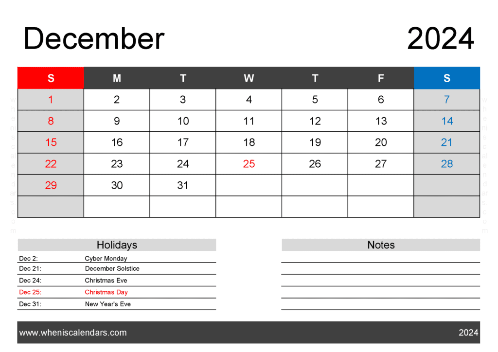 excel December 2024 Calendar Monthly Calendar